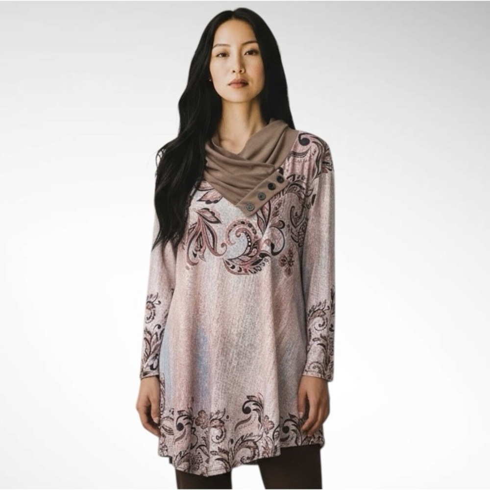 Lily by Firmiana Cowlneck Tunic Top Asymmetrical Bottom 3/4-Sleeves